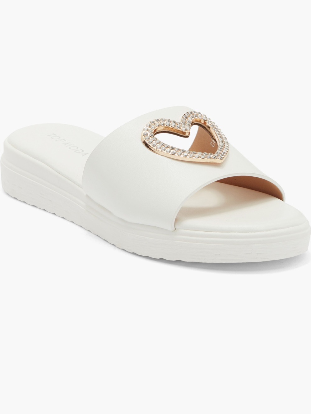 TOP Moda White Slide Sandal with Gold Rhinestone Heart